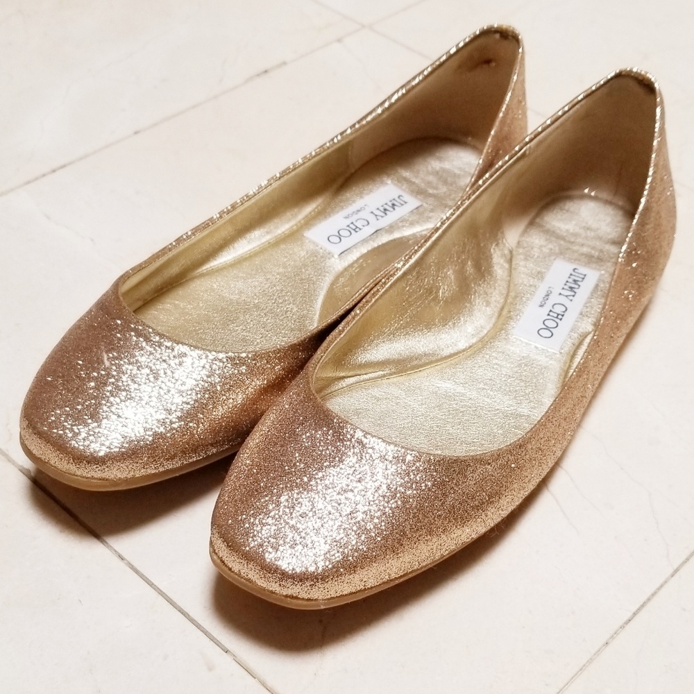 JIMMY CHOO GOLD GLITTER FLATS